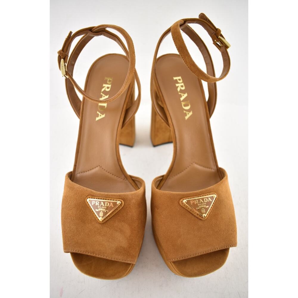 Prada 115mm Cognac Brown Suede Platform Sandal Ankle Strap Block Heel Pump 38.5 - Picture 8 of 16